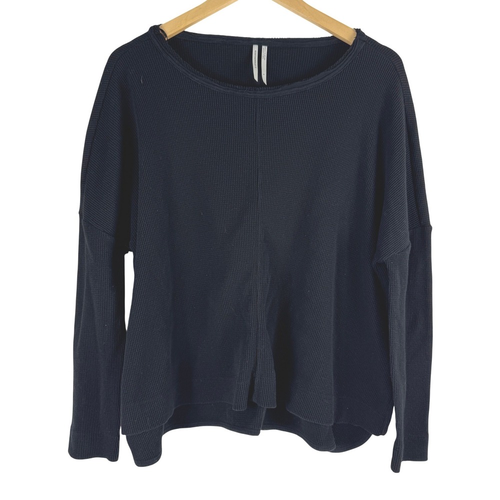 Anthropologie Black Waffle Knit Thermal Pullover Top Drop Shoulder S